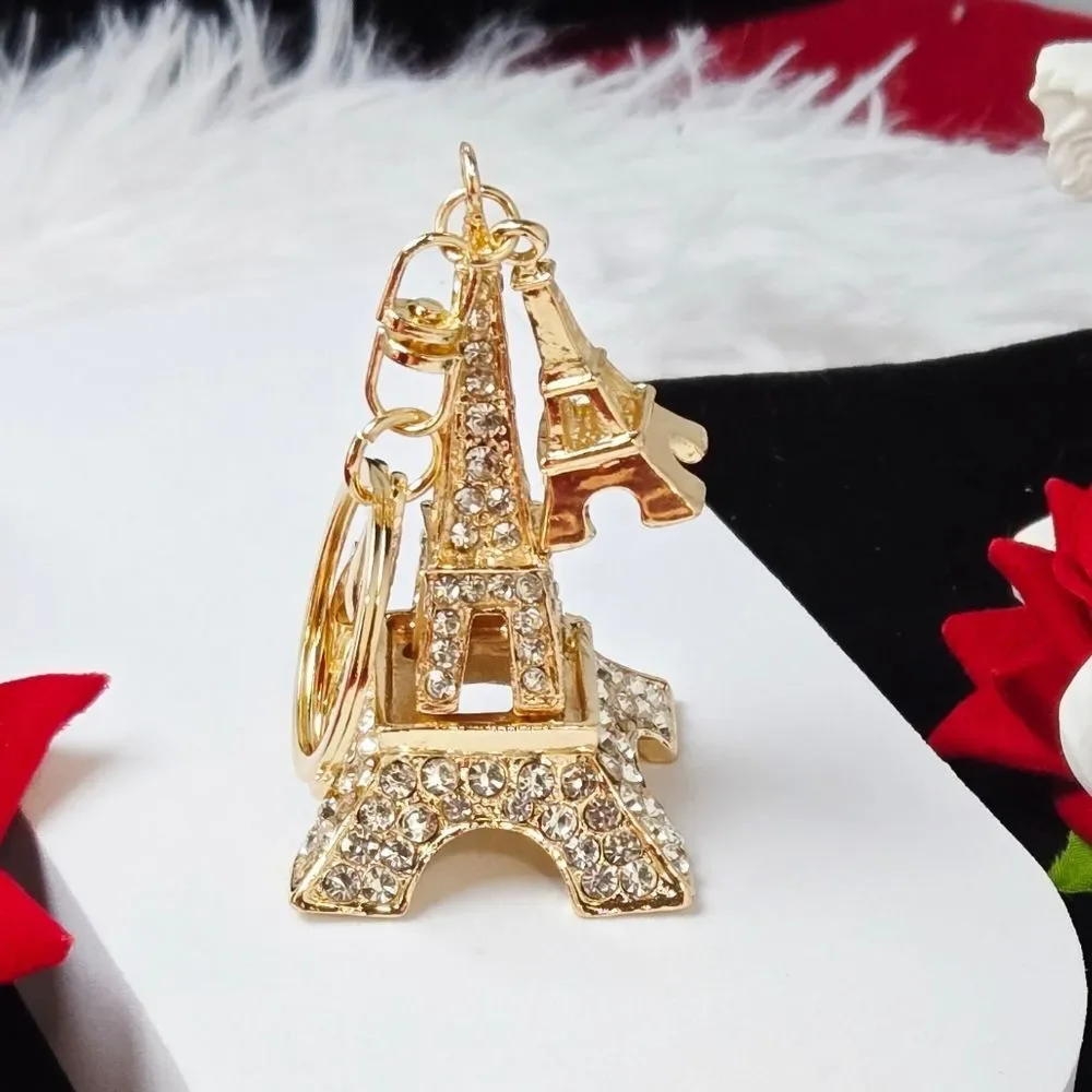 Gold Rhinestone Eiffel Tower Keychain Paris Charm Statement Bag Clip Accessory